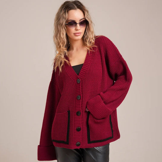 Damen Lässiger Strickcardigan mit breiten Ärmeln und kontrastierenden Taschen EB