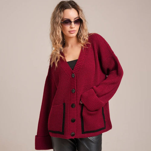 Damen Lässiger Strickcardigan mit breiten Ärmeln und kontrastierenden Taschen EB