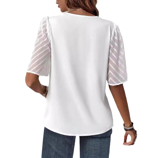 Damen nan elegantes Chiffon-Oberteil mit plissierter V-Passe und transparenten Zickzackärmeln EB