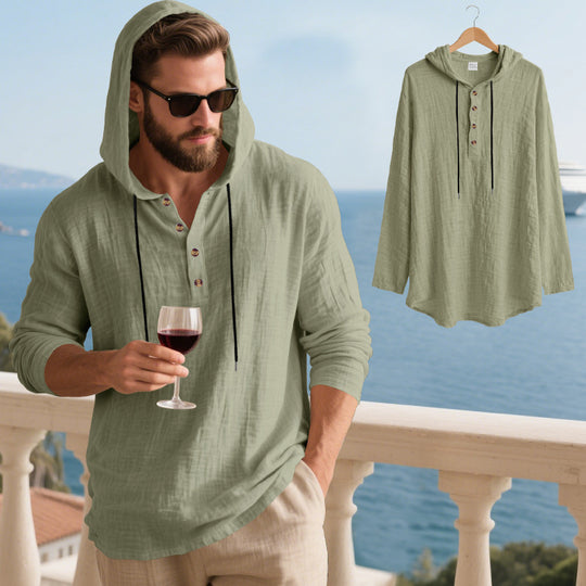 Herren nan lässiges Kapuzen-Henleyshirt in Leinenoptik mit durchgehender Knopfleiste und relaxed Fit EB