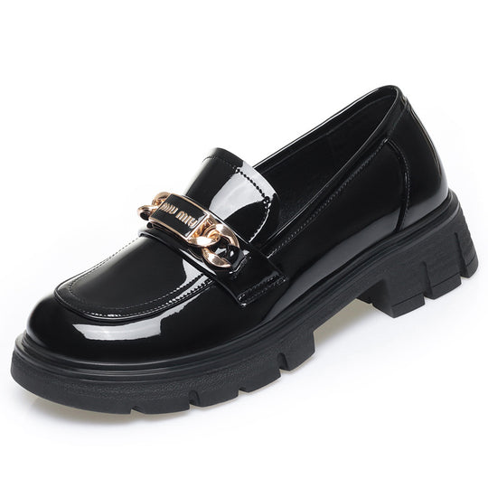 Damen Modische Loafers mit glänzendem Obermaterial und robustem Blockabsatz EB