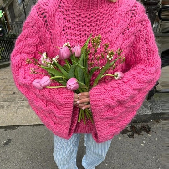 Damen Strickpullover mit voluminösen Ärmeln und strukturiertem Zopfmuster EB