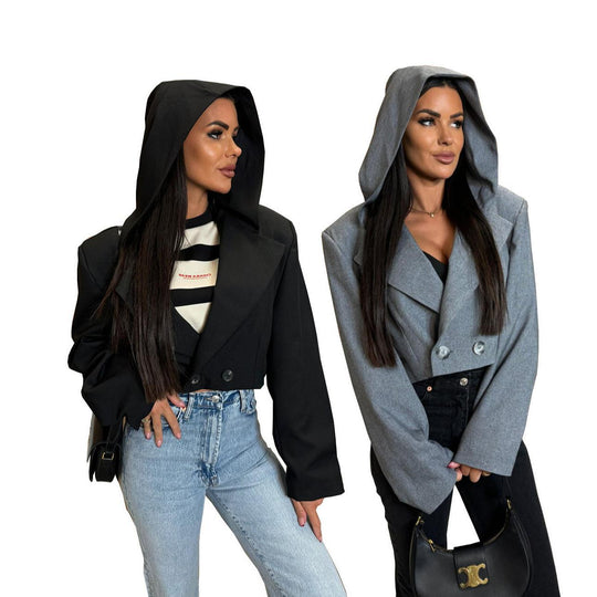 Damen Modische Jacke mit Kapuze und doppelter Knopfleiste EB