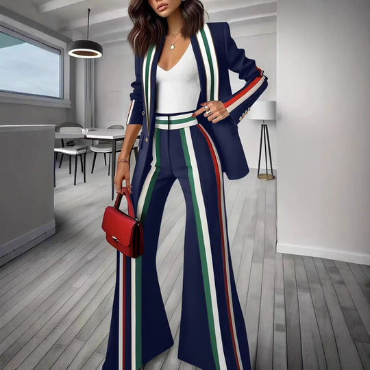 Damen Elegantes Blazer‑Hosenensemble mit seitlichen Kontraststreifen und weitem Schlag EB