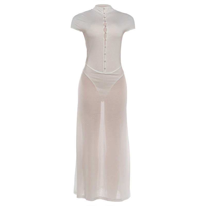 Damen Elegantes Maxikleid mit kurzer Knopfleiste und transparentem Stoff EB