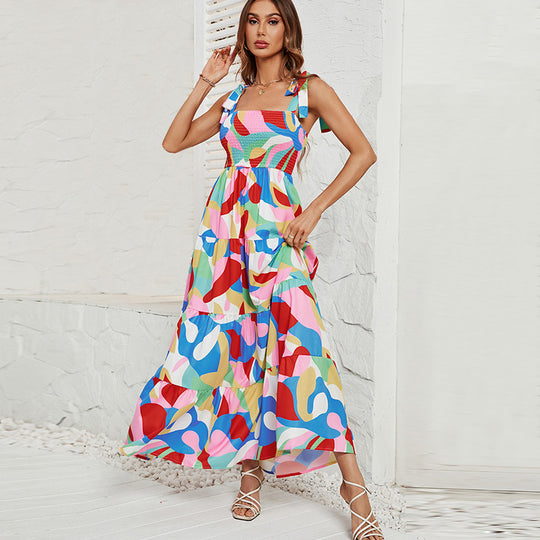 Damen Langärmliges Maxi-Kleid mit verspieltem Mehrfarbigem Design EB