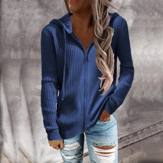 Damen Strickjacke mit Kapuze und Rippstruktur EB
