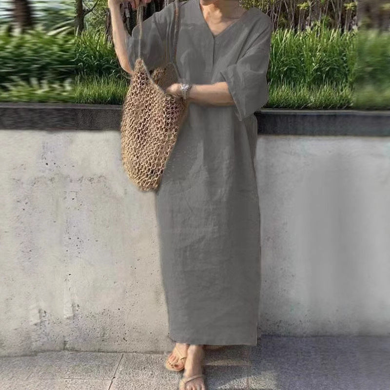 Damen lässiges Leinen-Midikleid mit V-Ausschnitt und weit geschnittenen Ärmeln EB