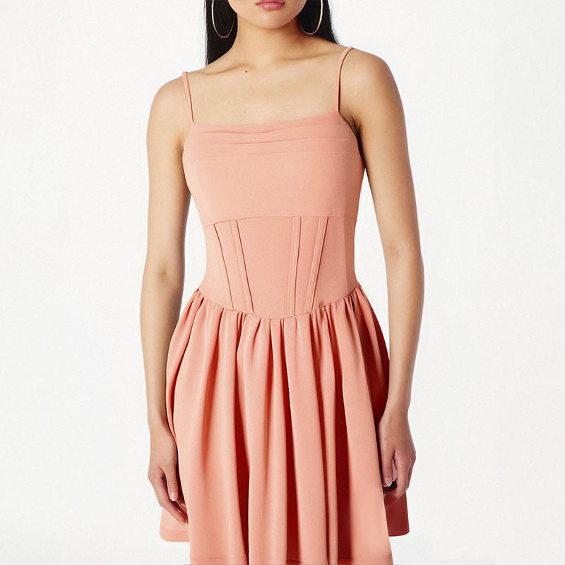 Damen schickes Sommerkleid mit Trägern und Falten EB