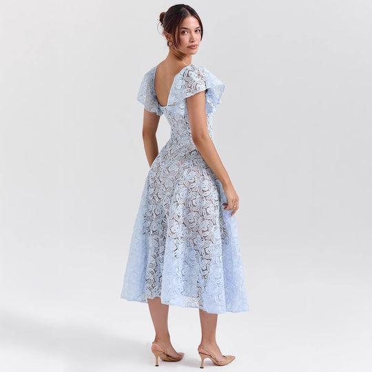 Damen Midikleid mit romantischer Spitzenstruktur und voluminösen Ärmeln EB