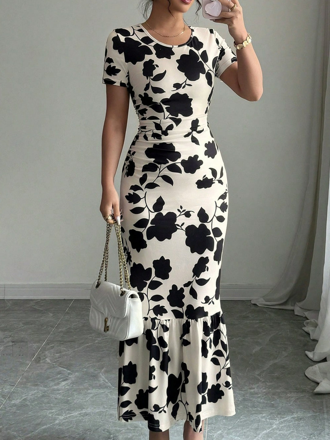 Damen Elegantes figurbetontes Kleid mit Rüschen-Saum und floralem Muster EB