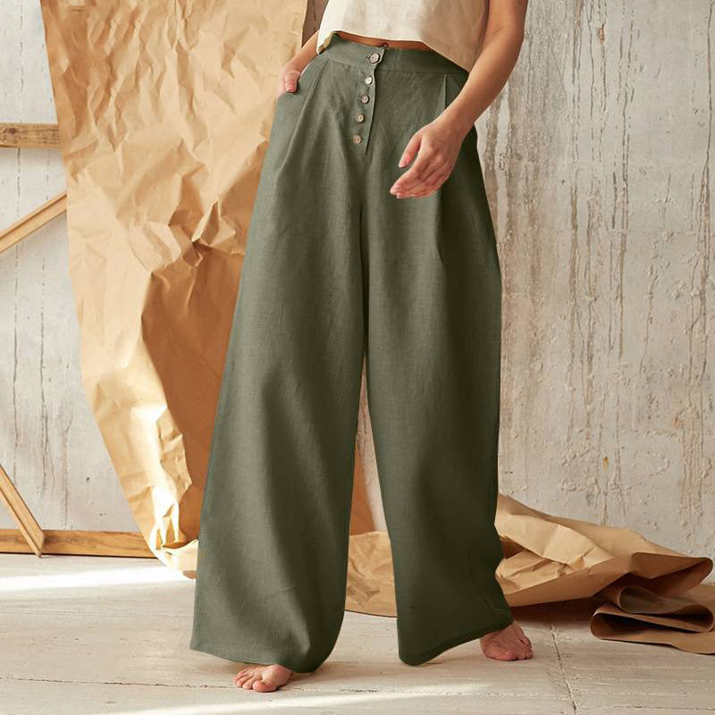 Damen nan weite Leinenhose mit hoher Taille und seitentaschen EB