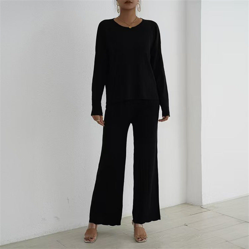 Damen lässiges und elegantes Strick-Loungewear-Set mit weitem Bein und feinen Rippenstrukturen EB