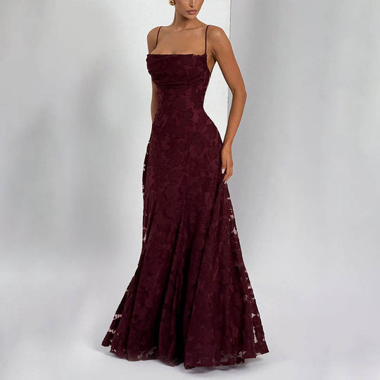 Damen Maxikleid mit floralem Spitzenmuster und schwingendem Rock EB