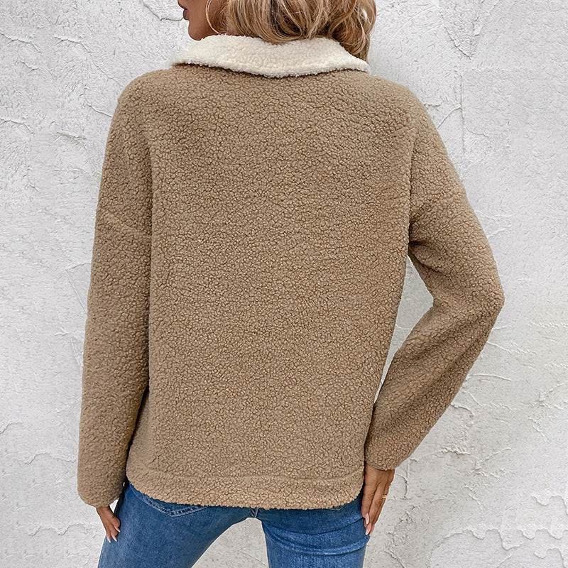 Damen Teddy-Fleece-Pullover mit halbem Reißverschluss, Kontrastärmeln und Brusttasche EB