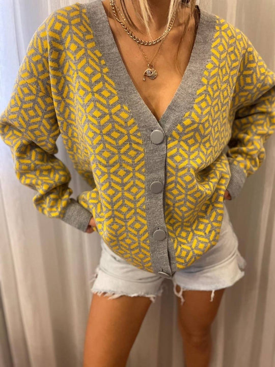 Damen Grober Strickjacke mit V-Ausschnitt und auffälligem Muster EB