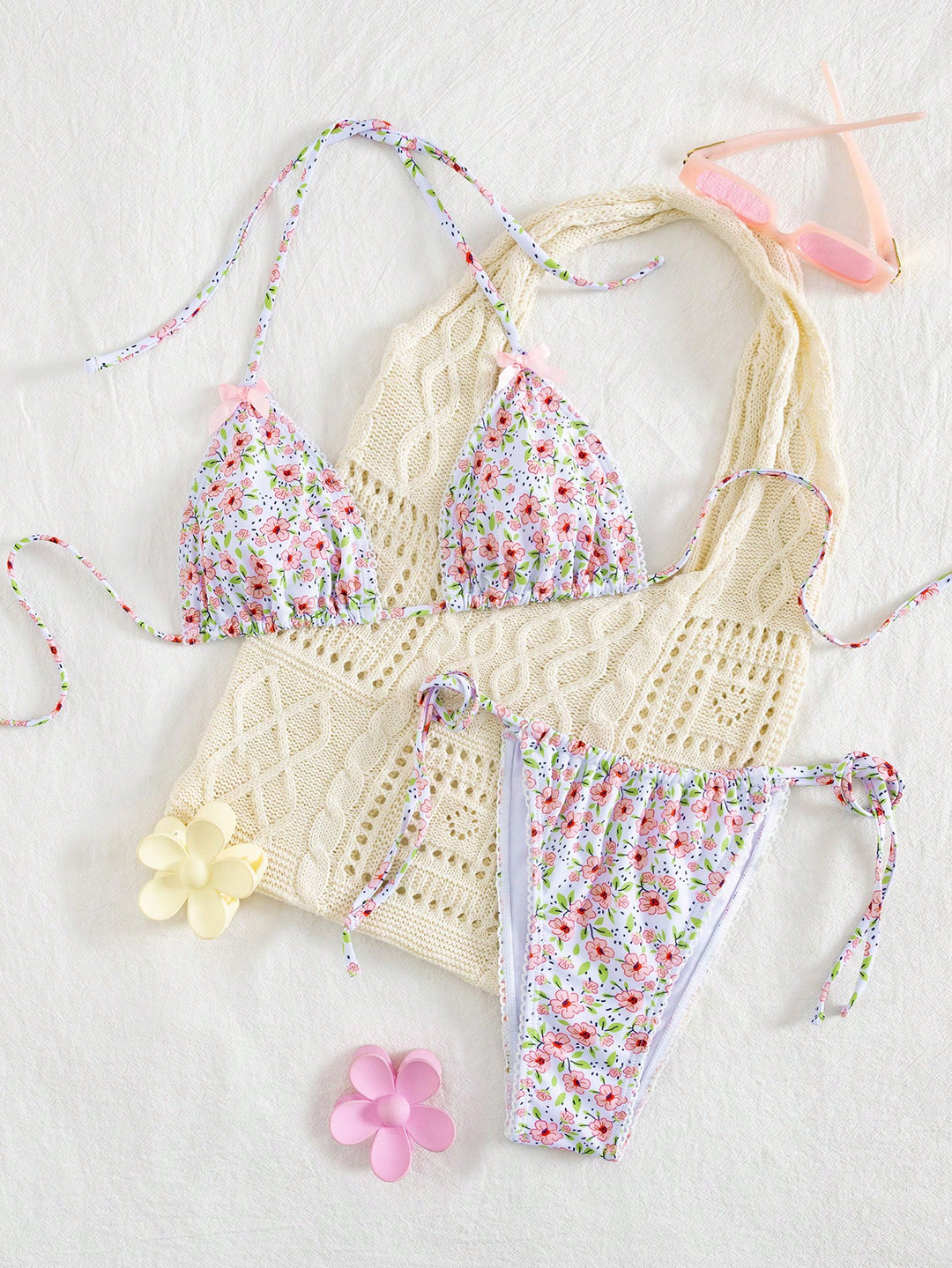 Damen Triangel-Bikini mit floralem Muster und vielseitigem Höschen EB