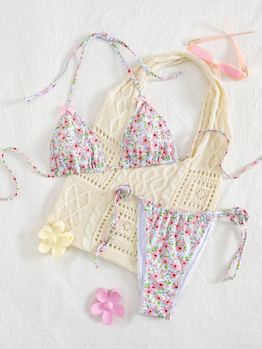 Damen Triangel-Bikini mit floralem Muster und vielseitigem Höschen EB