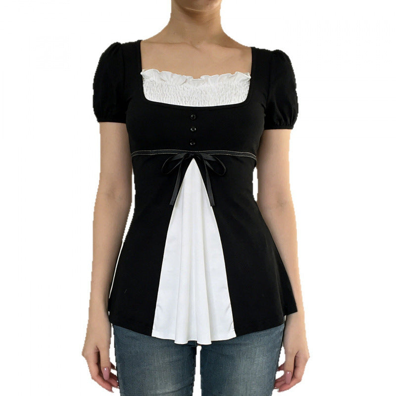 Damen Elegantes Kurzarm-Oberteil mit Plissee und Dekoband EB