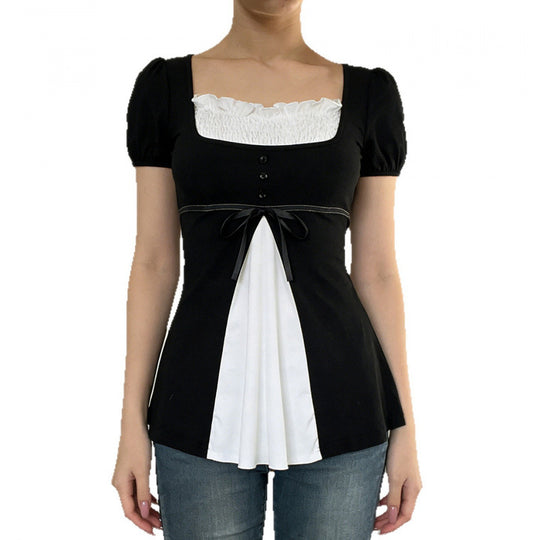 Damen Elegantes Kurzarm-Oberteil mit Plissee und Dekoband EB