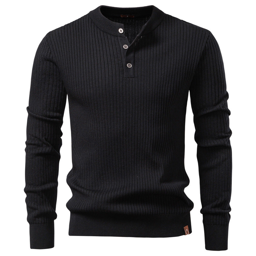 Herren nan gerippter Langarm-Henleypullover mit Stehkragen, feinem Rippstrick und schmaler Passform EB