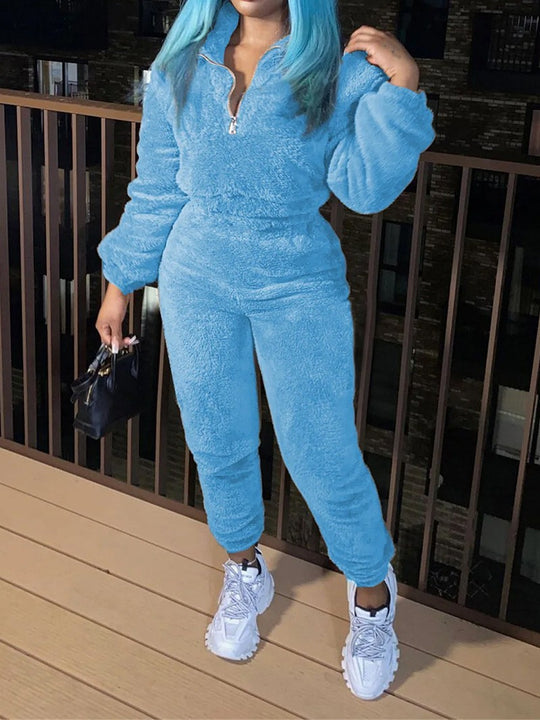 Damen nan kuscheliges Teddy-Lounge-Set mit Halbzip und Highwaist-Jogger EB