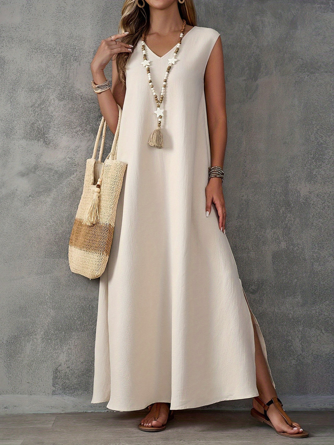 Damen Maxi-Strandkleid mit elegantem V-Ausschnitt und seitlichem Schlitz EB