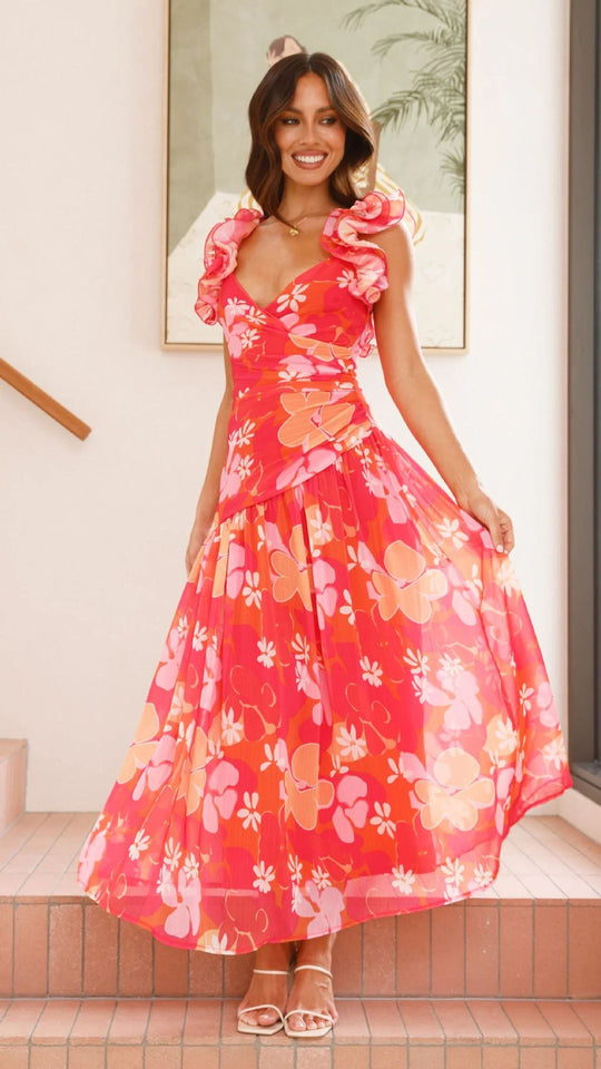 Damen Maxikleid mit eleganten Rüschen und figurbetontem Schnitt EB