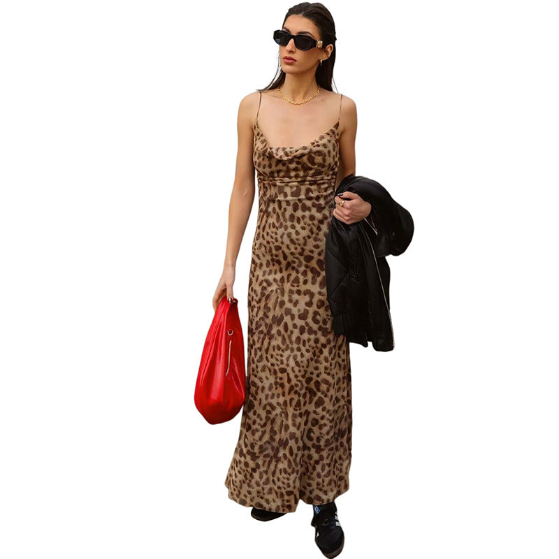 Damen Maxi Kleid mit elegantem Leopardenmuster und schmalen Trägern EB