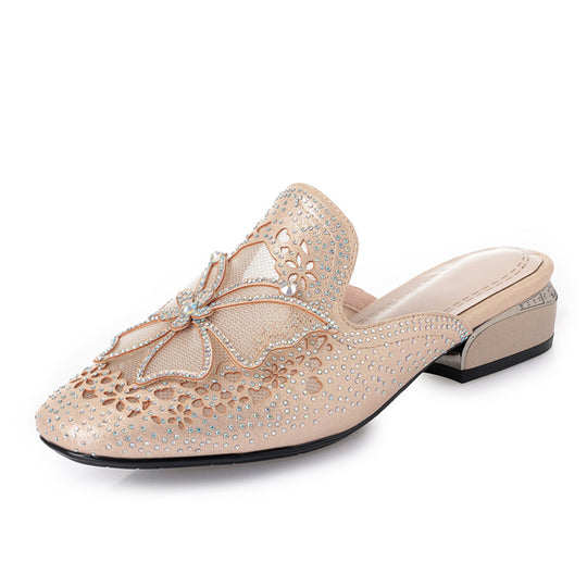 Damen Mules mit funkelnden Strassverzierungen und elegantem Blütenakzent EB
