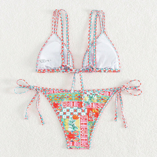 Damen Triangel-Bikini mit Raffungen und buntem Floral-Muster EB