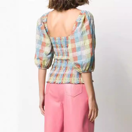 Damen Puffärmel Bluse mit kariertem Design EB