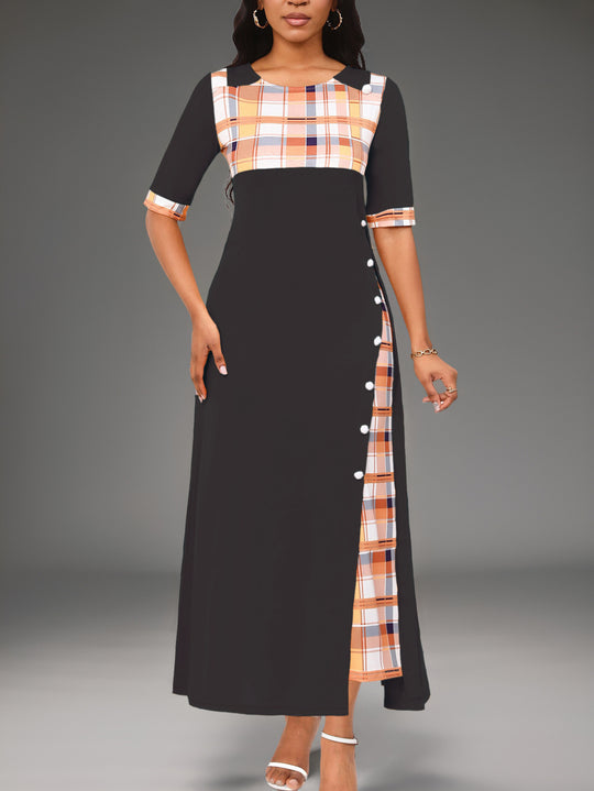 Damen Maxi-Kleid mit modischem Karomuster und geschmackvollen Knopfdetails EB