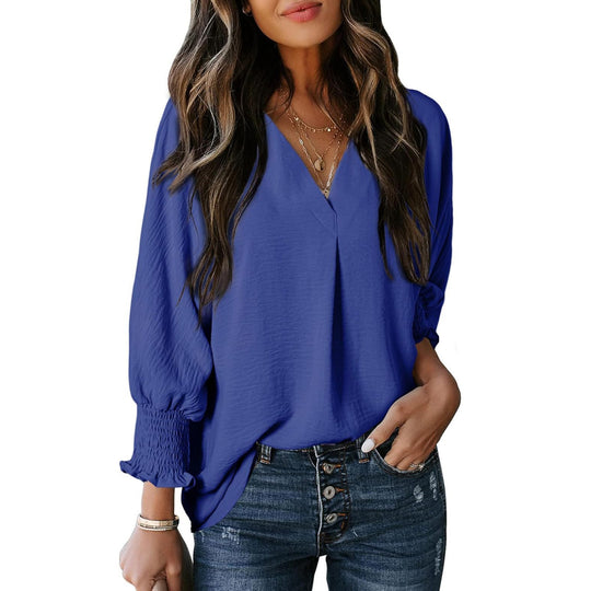 Damen V-Ausschnitt Bluse mit lässigen Ballonärmeln und Rüschendetails EB