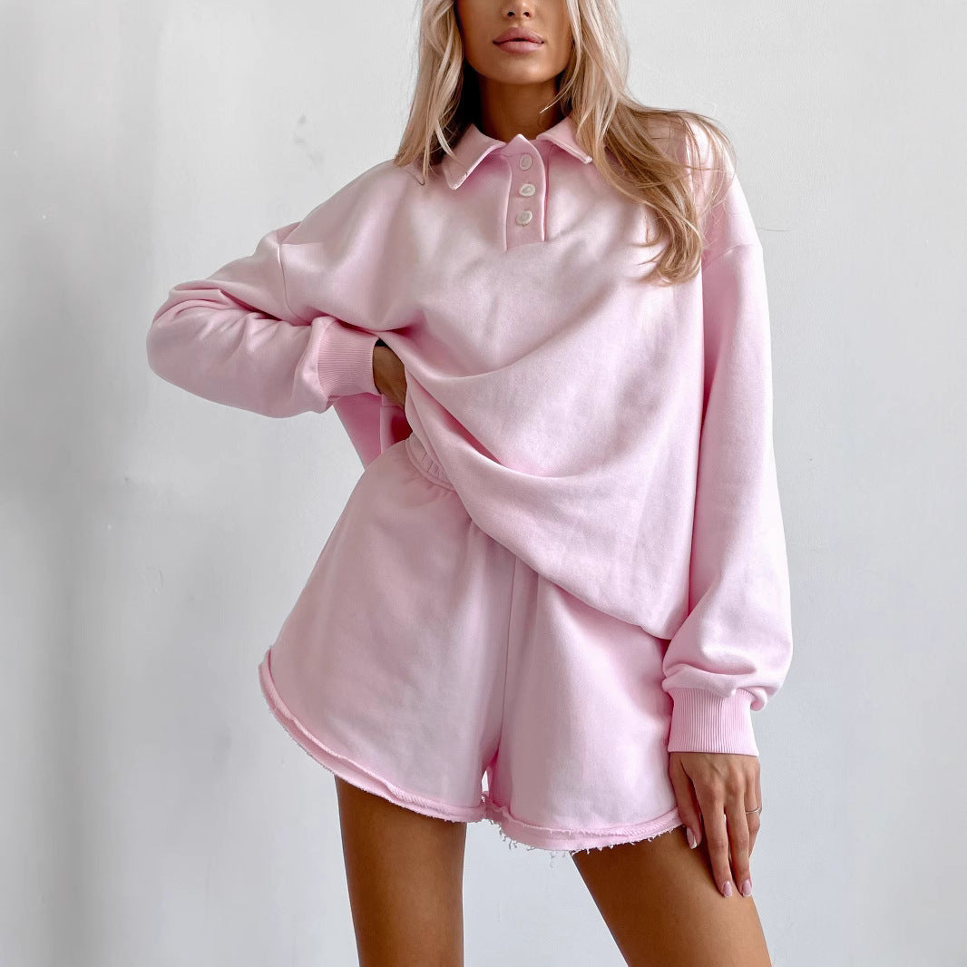 Damen Polo-Sweatshirt und fransige High-Waist Lounge-Shorts Set EB