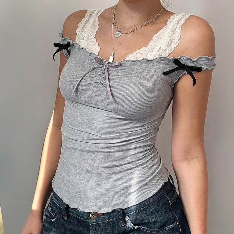 Damen Kurzarmoberteil mit Spitzenakzenten und Schleifendetails EB