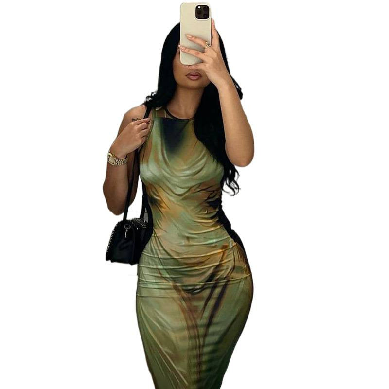 Damen Figurbetontes Maxikleid mit elegantem Grafikdruck und raffinierten Trägern EB