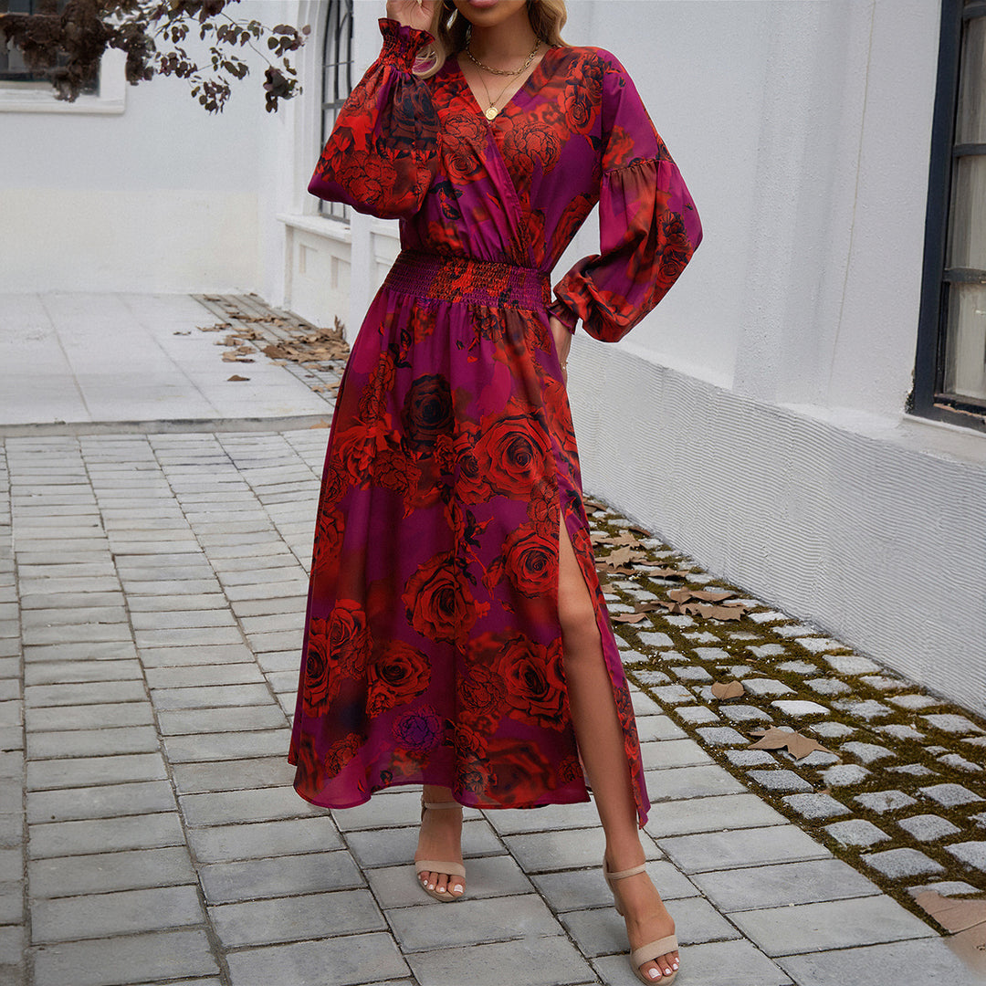 Damen nan Wickelmidikleid mit V-Ausschnitt, Ballonärmeln und taillierendem Gürtel EB