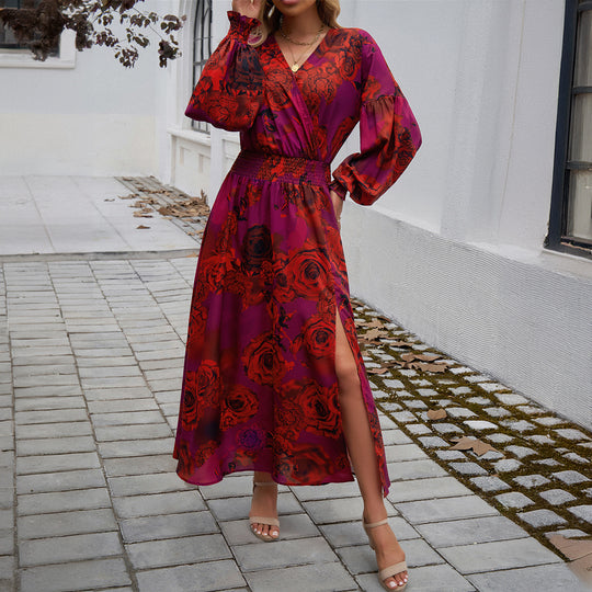 Damen nan Wickelmidikleid mit V-Ausschnitt, Ballonärmeln und taillierendem Gürtel EB