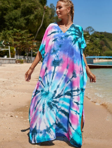 Damen Strandkleid mit V-Ausschnitt und einzigartigem Batikmuster EB