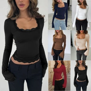 Damen Langarmshirt mit zartem Spitzenbesatz EB