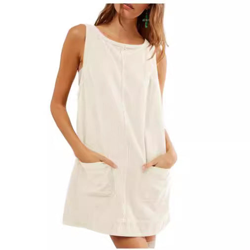 Damen lässiges Jerseykleid mit Taschen und Rundhalsausschnitt EB