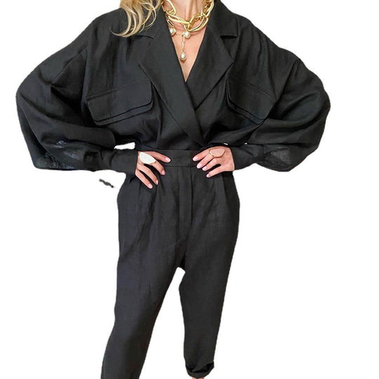 Damen Modisches Oberteil und Hose Set mit voluminösen Ärmeln EB