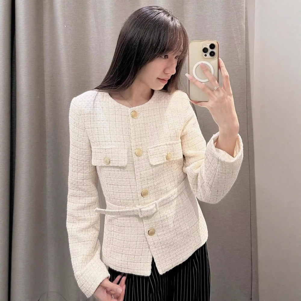 Damen elegante Tweed-Jacke mit doppelter Knopfleiste und praktischen Taschen EB