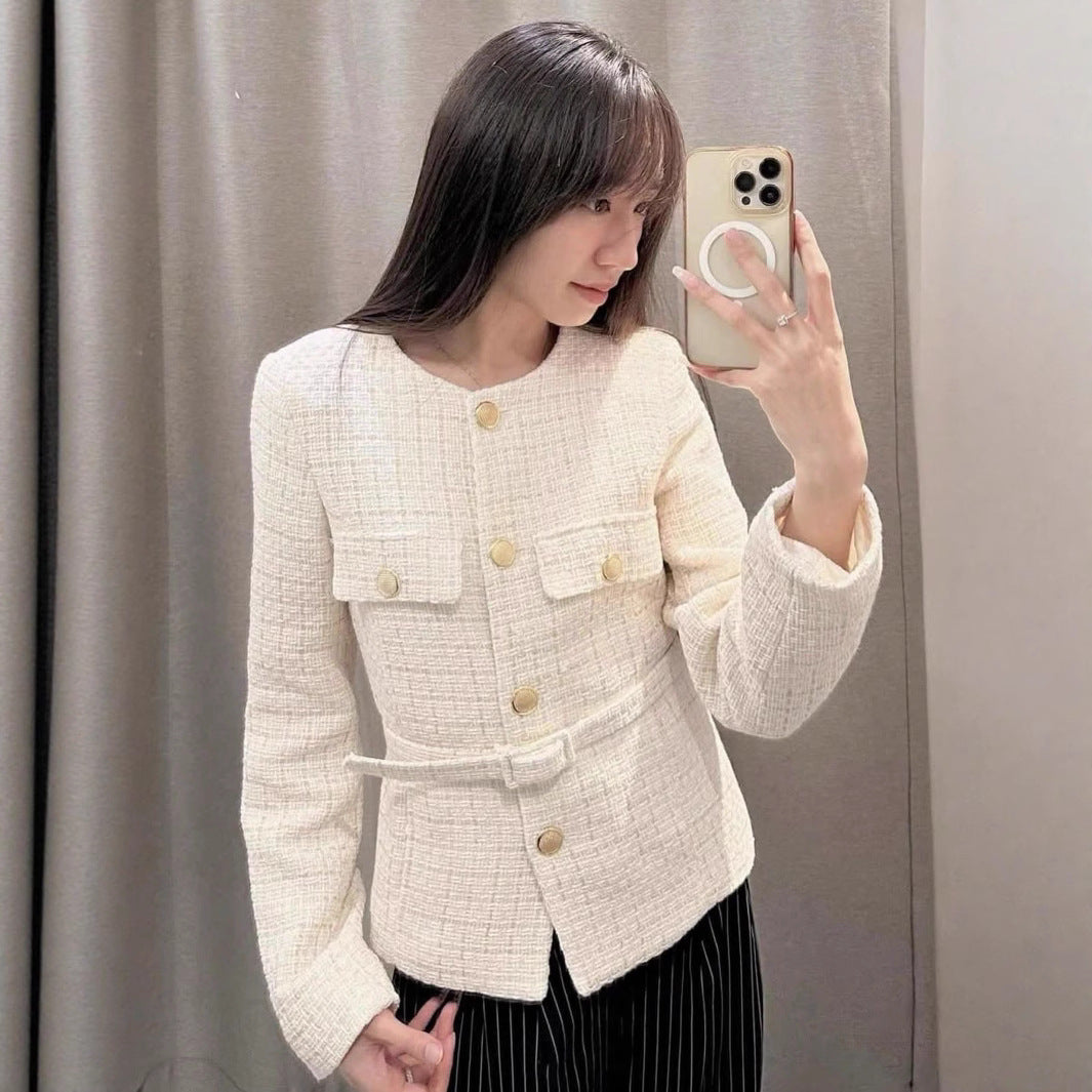 Damen elegante Tweed-Jacke mit doppelter Knopfleiste und praktischen Taschen EB