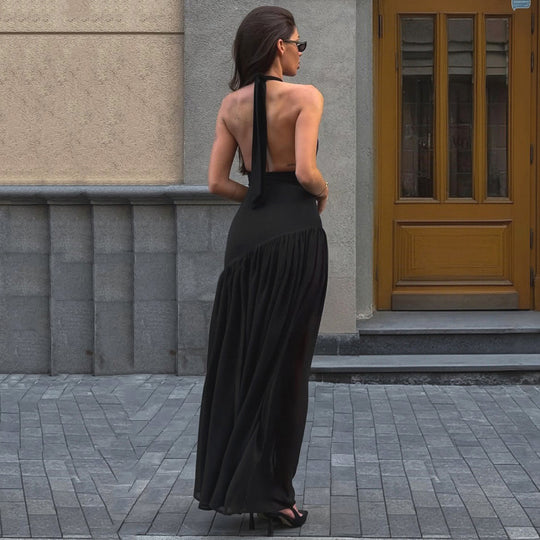 Damen Elegantes Maxikleid mit raffiniertem Halterdesign und transparentem Rock EB