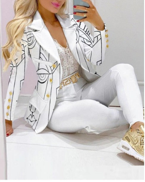 Damen Zweiteiliges Blazer-und-Hose-Set mit Schmetterlingsprint und glamourösem Glitzereffekt EB
