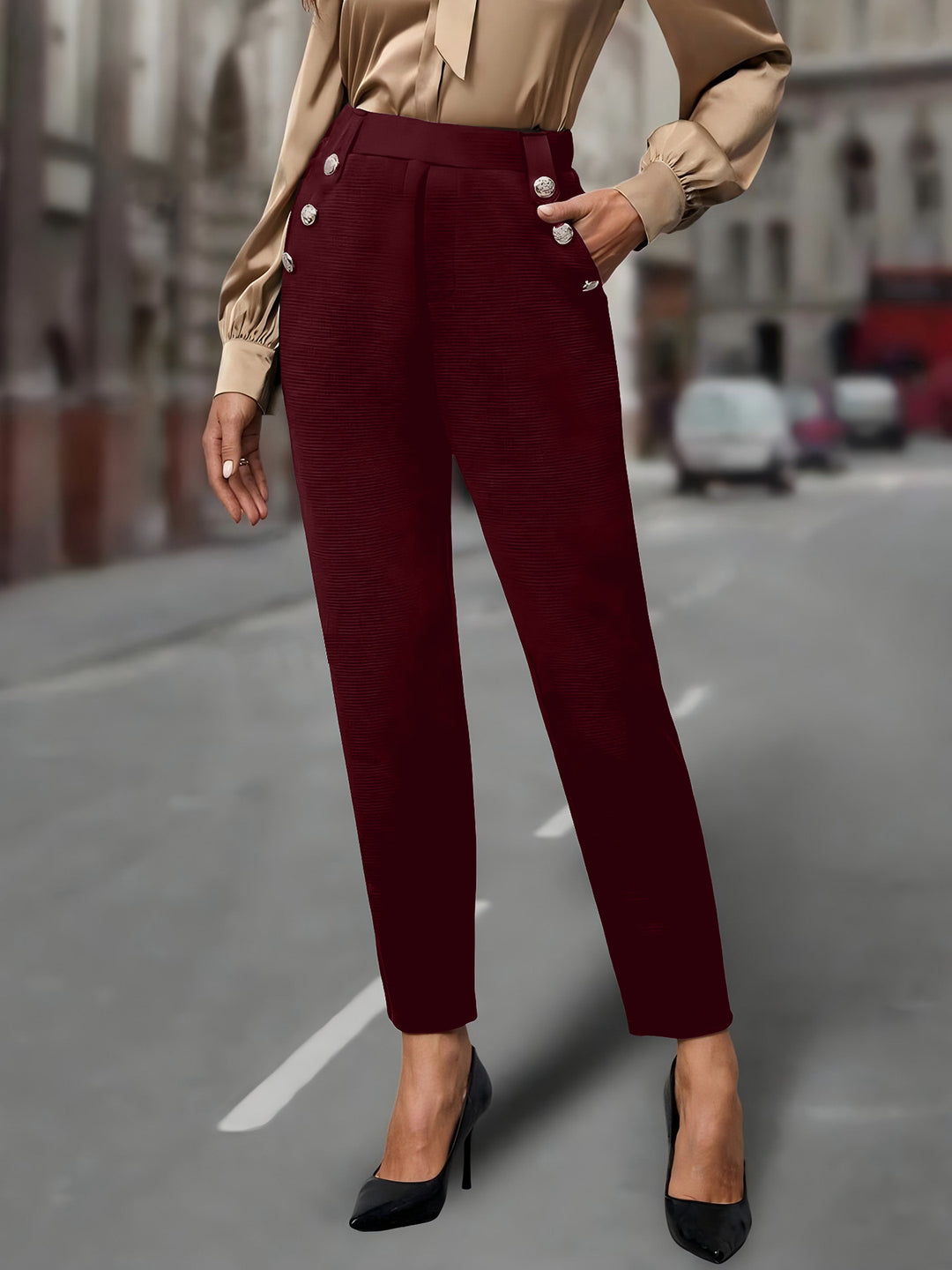 Damen elegante Anzughose mit doppeltem Knopfverschluss und schmalem Bein EB