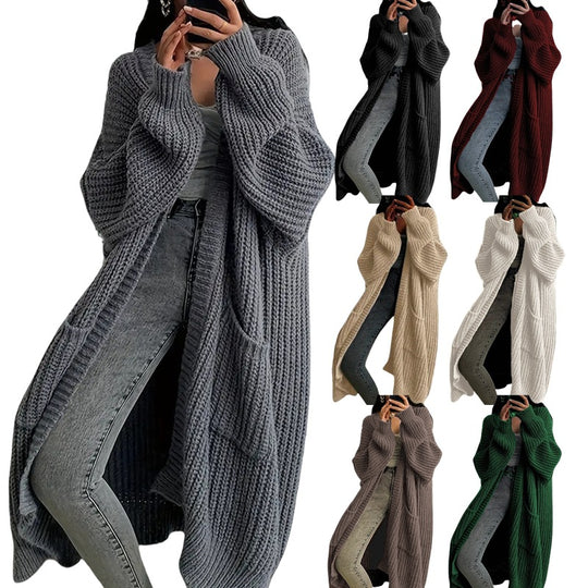 Damen Langer Strickcardigan mit seitlichen Taschen und lässigem Schnitt EB