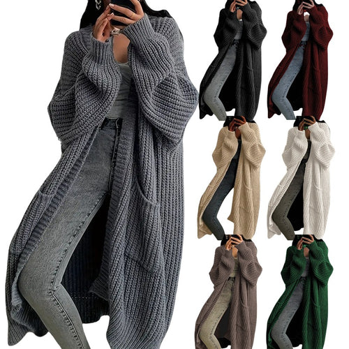 Damen Langer Strickcardigan mit seitlichen Taschen und lässigem Schnitt EB